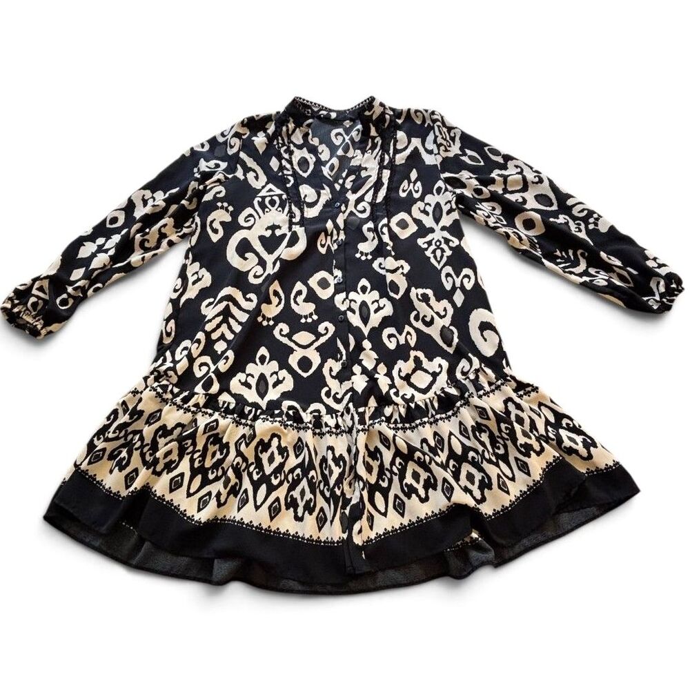ZARA XS Black Cream Ikat Print Mini Dress Boho Peasant Ruffle Hem - Picture 10 of 10
